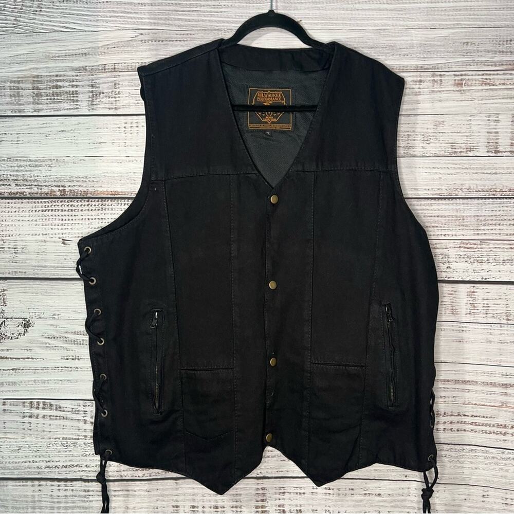 Milwaukee Performance Black Denim Vest 3XL Conceal Carry Lace Up Sides